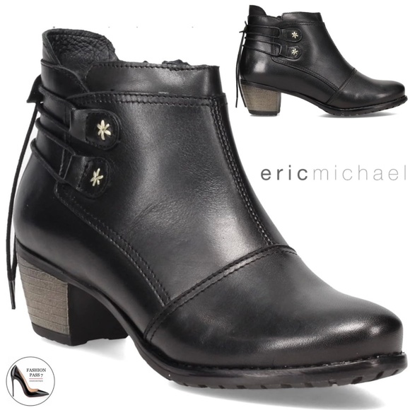 ERIC MICHEAL Casey black leather booties block heel almond toe ankle boots 39 - Picture 1 of 14